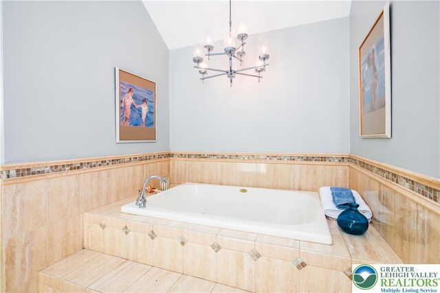 1560 Surrey Rd, Lower Saucon Twp, PA 18015 - bathroom with a bath, a chandelier, and vaulted ceiling