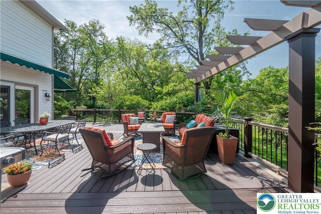 1560 Surrey Rd, Lower Saucon Twp, PA 18015 - wooden terrace featuring outdoor dining area, an outdoor living space, a pergola, and view of wooded area