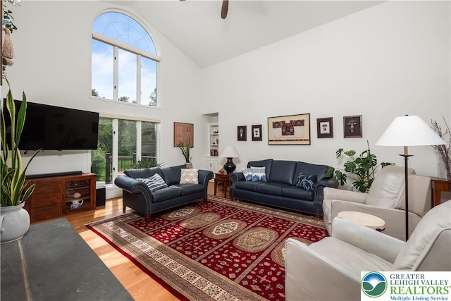 1560 Surrey Rd, Lower Saucon Twp, PA 18015 - living area featuring high vaulted ceiling, light wood finished floors, and ceiling fan