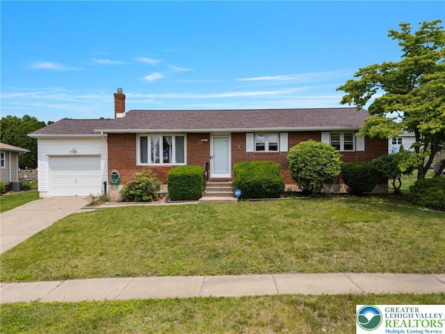 94 Brader Dr, Luzerne, PA 18705 - ranch-style house with an attached garage, driveway, a chimney, a front yard, and brick siding