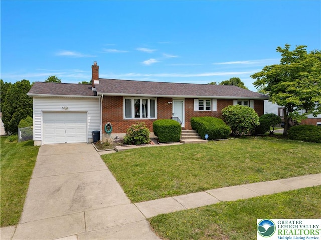 94 Brader Dr, Luzerne, PA 18705 - ranch-style house with an attached garage, a front lawn, concrete driveway, brick siding, and a chimney