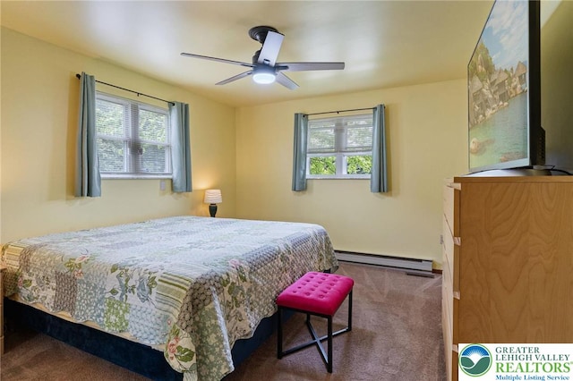 94 Brader Dr, Luzerne, PA 18705 - carpeted bedroom featuring a baseboard heating unit, ceiling fan, and baseboards