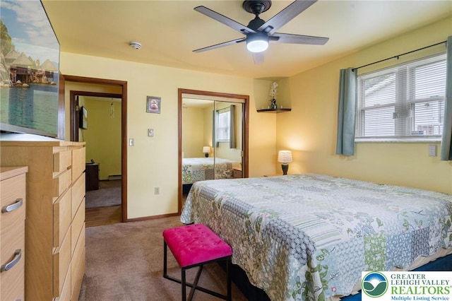 94 Brader Dr, Luzerne, PA 18705 - bedroom featuring carpet, a closet, baseboards, and a ceiling fan
