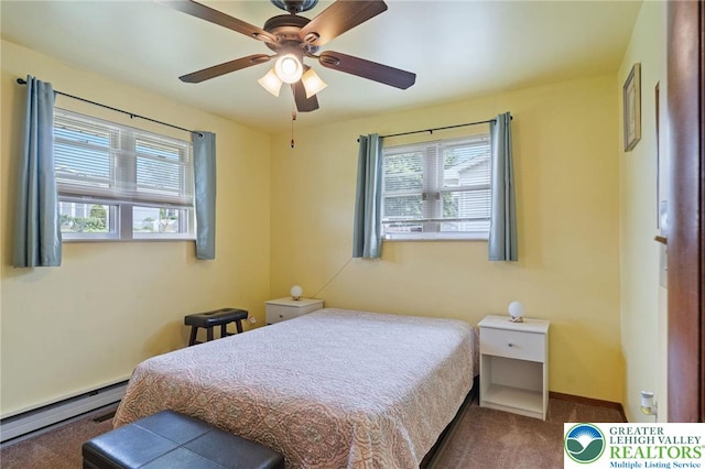 94 Brader Dr, Luzerne, PA 18705 - carpeted bedroom featuring a baseboard heating unit, ceiling fan, and baseboards