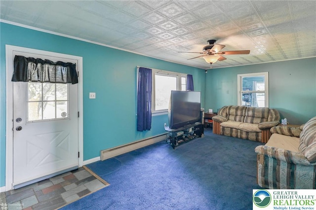 6386 Sullivan Trl, Plainfield Twp, PA 18091 - living area featuring baseboard heating, ceiling fan, carpet floors, and baseboards