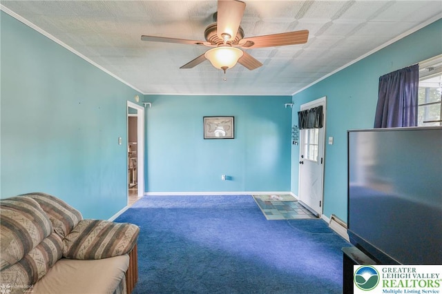 6386 Sullivan Trl, Plainfield Twp, PA 18091 - living room with carpet flooring, ornamental molding, ceiling fan, and baseboards