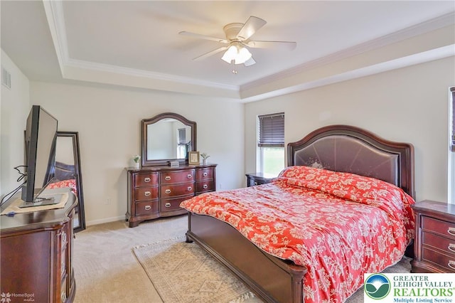 217 E Dell Rd, Moore Twp, PA 18014 - bedroom with a tray ceiling, light colored carpet, ornamental molding, a ceiling fan, and baseboards