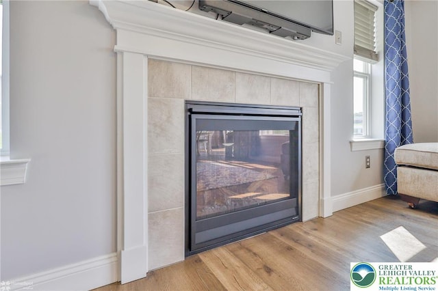 217 E Dell Rd, Moore Twp, PA 18014 - detailed view of wood finished floors, a fireplace, and baseboards