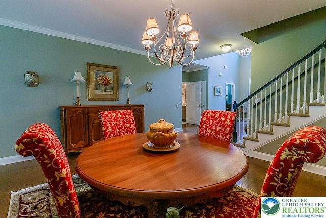 1069 Resolution Dr, Bethlehem City, PA 18017 - dining room with a chandelier, stairway, wood finished floors, and crown molding