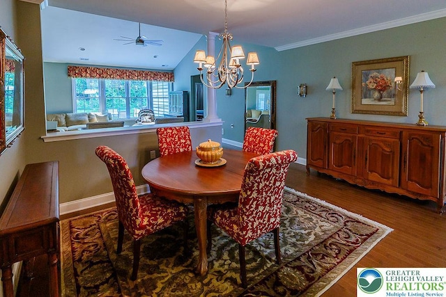 1069 Resolution Dr, Bethlehem City, PA 18017 - dining room featuring wood finished floors, a chandelier, a ceiling fan, vaulted ceiling, and ornamental molding