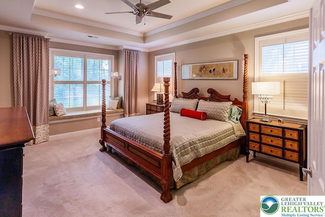1069 Resolution Dr, Bethlehem City, PA 18017 - bedroom featuring a raised ceiling, crown molding, light carpet, and ceiling fan