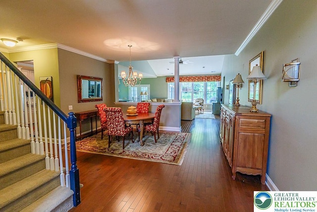1069 Resolution Dr, Bethlehem City, PA 18017 - dining space featuring stairway, wood-type flooring, crown molding, a chandelier, and ceiling fan