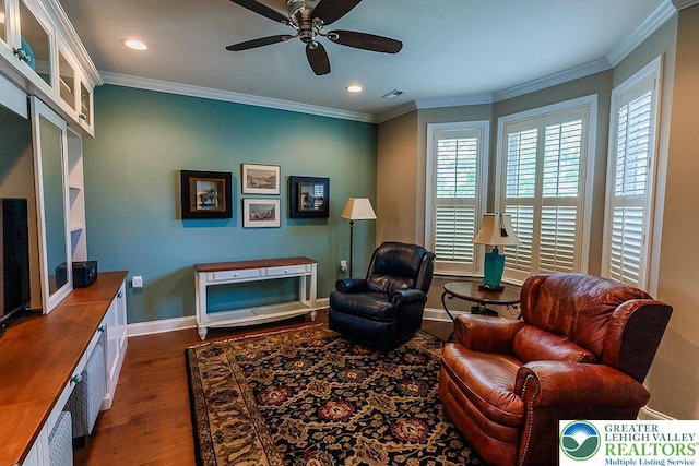 1069 Resolution Dr, Bethlehem City, PA 18017 - living area with dark wood-style flooring, ornamental molding, a ceiling fan, and recessed lighting