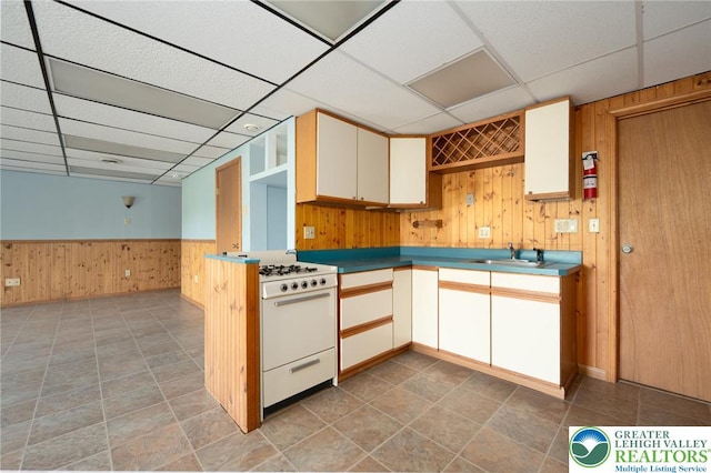 68 Knoll Cir, Boyertown, PA 19512 - kitchen with gas range gas stove, a drop ceiling, wood walls, a sink, and white cabinetry