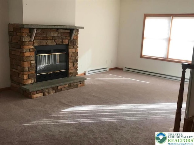 271 St Andrews Dr, Middle Smithfield Twp, PA 18324 - unfurnished living room with a baseboard radiator, carpet floors, a fireplace, and baseboards