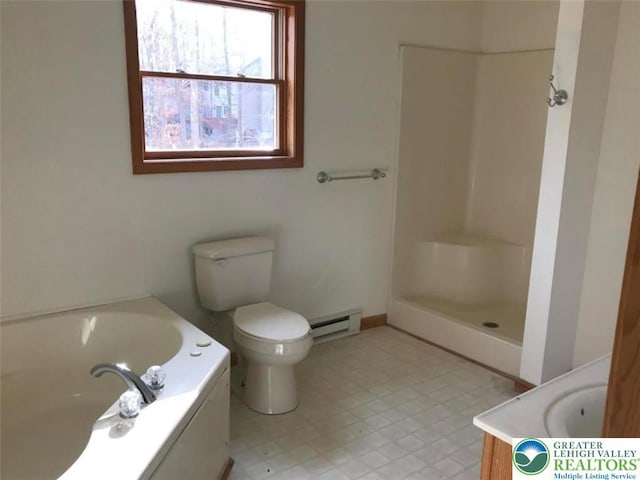 271 St Andrews Dr, Middle Smithfield Twp, PA 18324 - full bathroom with a baseboard radiator, toilet, vanity, a garden tub, and a shower