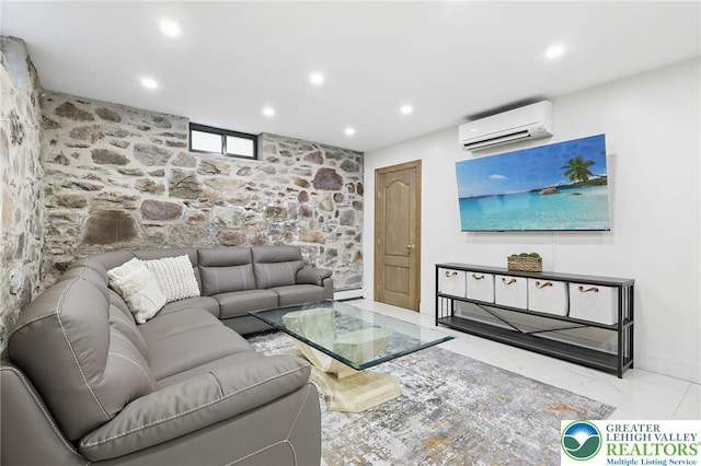 116 Peechatka, Pocono Twp, PA 18332 - living room with a wall mounted AC, recessed lighting, marble finish flooring, and baseboards