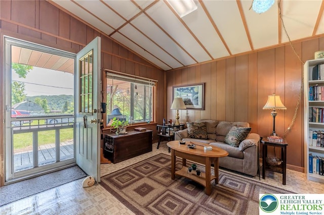 150 Lehigh St, Franklin Twp, PA 18235 - living area with lofted ceiling and wooden walls