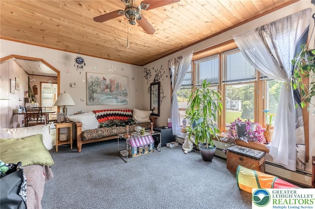 150 Lehigh St, Franklin Twp, PA 18235 - carpeted living area featuring a baseboard radiator, wooden ceiling, and ceiling fan