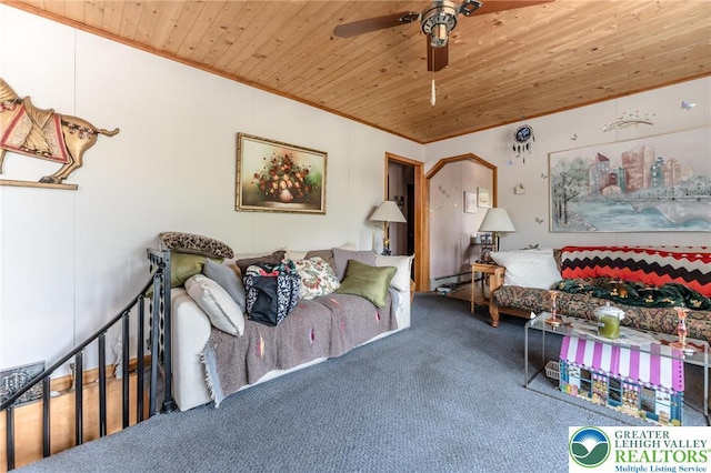 150 Lehigh St, Franklin Twp, PA 18235 - carpeted living area with wooden ceiling, ceiling fan, and crown molding