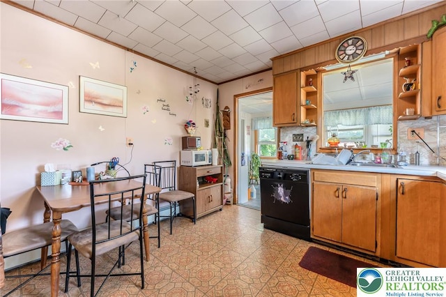 150 Lehigh St, Franklin Twp, PA 18235 - kitchen with dishwasher, white microwave, open shelves, light countertops, and decorative backsplash