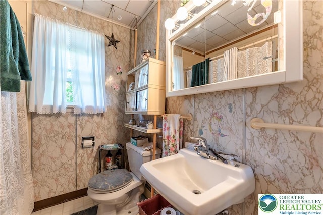 150 Lehigh St, Franklin Twp, PA 18235 - bathroom featuring a sink, toilet, wallpapered walls, ornamental molding, and a shower with curtain