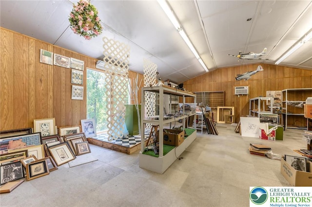 150 Lehigh St, Franklin Twp, PA 18235 - miscellaneous room with wooden walls, vaulted ceiling, plenty of natural light, and a wall mounted AC