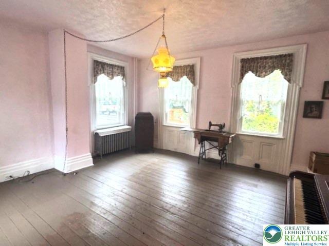 1512 River Rd, Bridgeton Twp, PA 18972 - dining area with radiator, hardwood / wood-style flooring, healthy amount of natural light, a textured ceiling, and baseboards