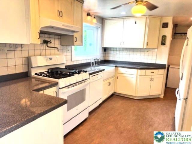 1512 River Rd, Bridgeton Twp, PA 18972 - kitchen with white appliances, under cabinet range hood, a ceiling fan, decorative backsplash, and a sink