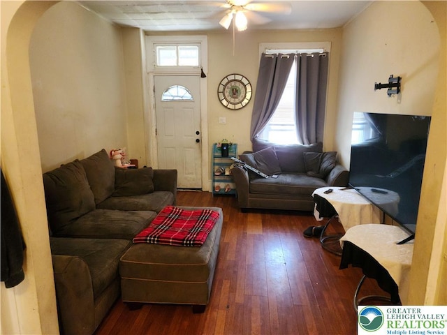 1016 Spruce St, Easton, PA 18042 - living area featuring ceiling fan, hardwood / wood-style flooring, and arched walkways