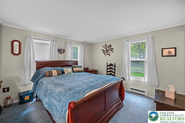 138 Drakes Dr, Penn Forest Twp, PA 18229 - carpeted bedroom featuring a baseboard heating unit, baseboards, and crown molding