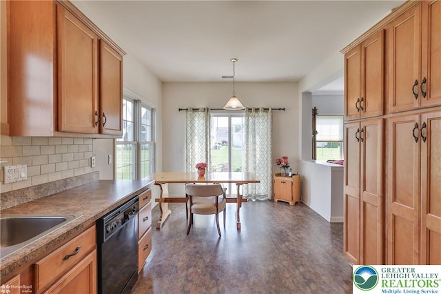 11 Inverness Ln, Palmer Twp, PA 18045 - kitchen with black dishwasher, backsplash, baseboards, brown cabinets, and pendant lighting