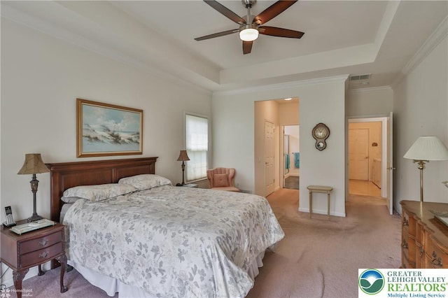 11 Inverness Ln, Palmer Twp, PA 18045 - bedroom featuring light carpet, a tray ceiling, crown molding, ceiling fan, and baseboards