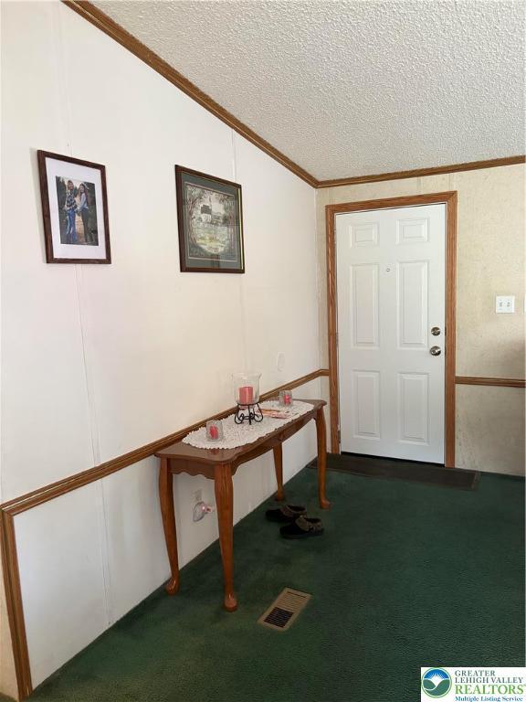 10188 Cork Ln, Upper Macungie Twp, PA 18031 - foyer with carpet floors, vaulted ceiling, a textured ceiling, and ornamental molding