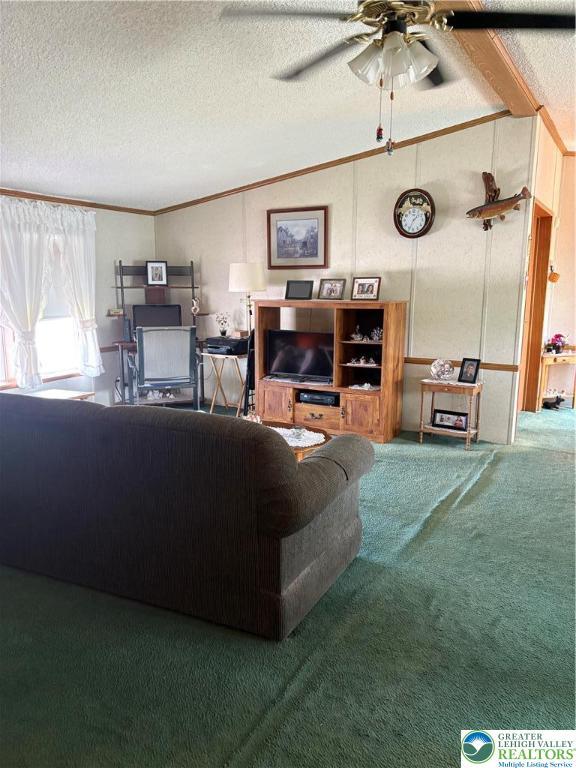 10188 Cork Ln, Upper Macungie Twp, PA 18031 - living area with carpet, a textured ceiling, lofted ceiling, ceiling fan, and ornamental molding