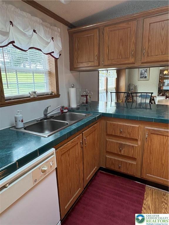 10188 Cork Ln, Upper Macungie Twp, PA 18031 - kitchen featuring white dishwasher, brown cabinets, a sink, dark wood-style flooring, and tile countertops