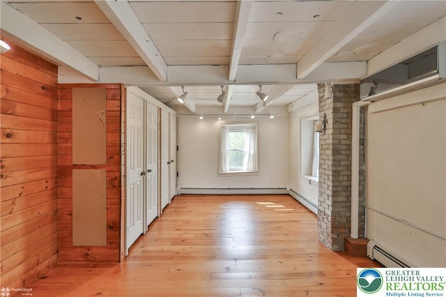 3679 Friedens Rd, Washington Twp, PA 18080 - empty room featuring baseboard heating, beamed ceiling, and light wood finished floors