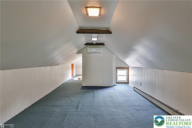 3679 Friedens Rd, Washington Twp, PA 18080 - additional living space featuring a baseboard radiator, carpet flooring, vaulted ceiling, wood walls, and a wall mounted AC