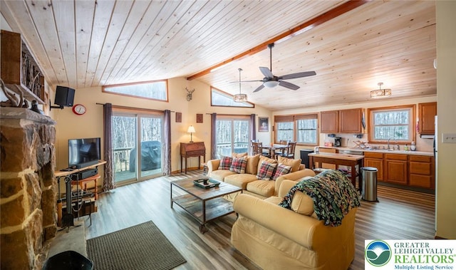354 Kilmer Trl, Penn Forest Twp, PA 18210 - living area featuring wood finished floors, healthy amount of natural light, wooden ceiling, and a ceiling fan
