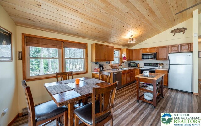354 Kilmer Trl, Penn Forest Twp, PA 18210 - dining area featuring vaulted ceiling, wooden ceiling, and dark wood-style floors