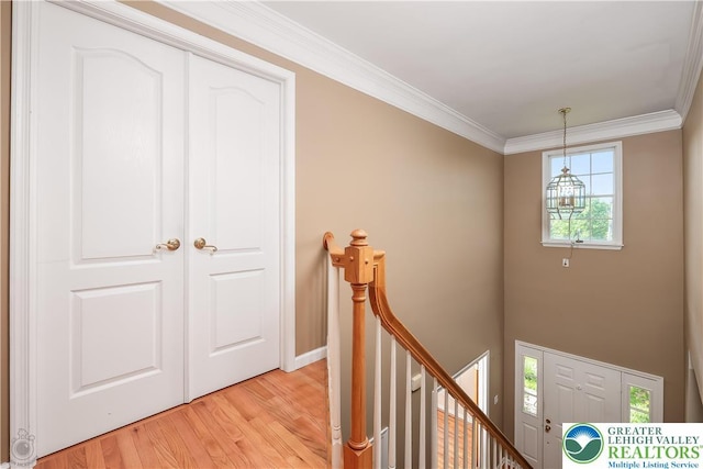730 Buttermilk Rd, Williams Twp, PA 18055 - hall featuring a chandelier, an upstairs landing, light wood-type flooring, crown molding, and baseboards