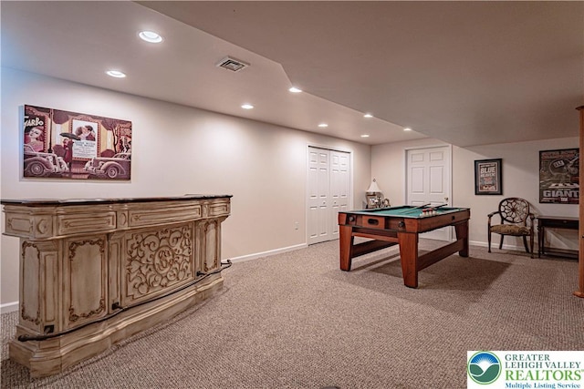 697 Ryan Dr, South Whitehall Twp, PA 18103 - playroom with recessed lighting, light carpet, baseboards, and billiards