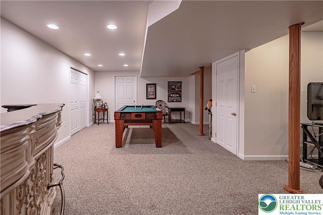 697 Ryan Dr, South Whitehall Twp, PA 18103 - game room featuring recessed lighting, baseboards, light colored carpet, and billiards table