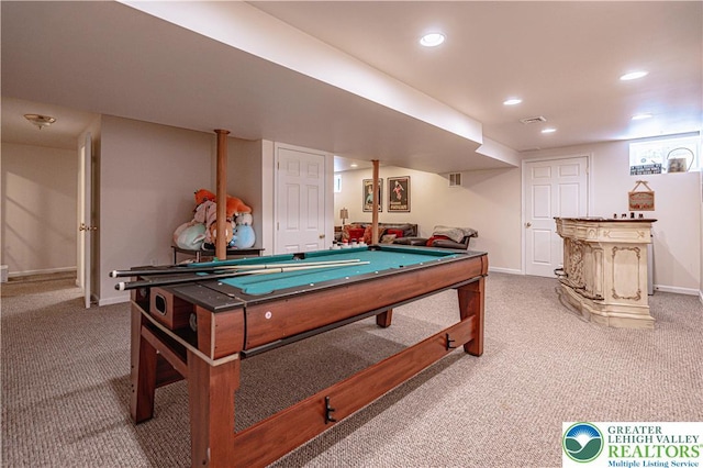 697 Ryan Dr, South Whitehall Twp, PA 18103 - game room featuring carpet flooring, pool table, recessed lighting, and baseboards