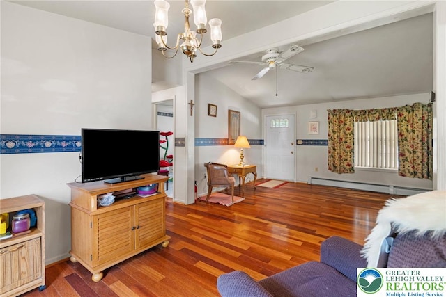 4 Davis St, Luzerne, PA 18706 - living area with a baseboard radiator, ceiling fan, wood finished floors, a chandelier, and vaulted ceiling