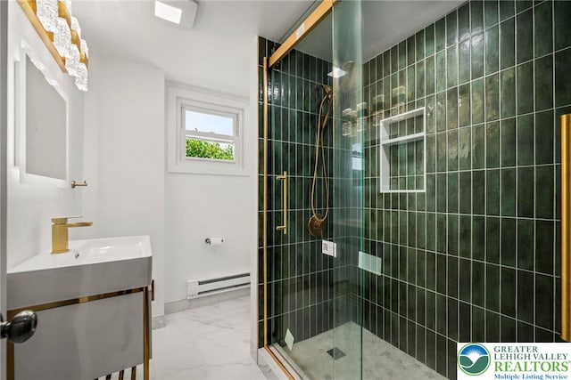 541 Elm St, Emmaus Borough, PA 18049 - full bathroom featuring baseboard heating, vanity, marble finish floors, and tiled shower