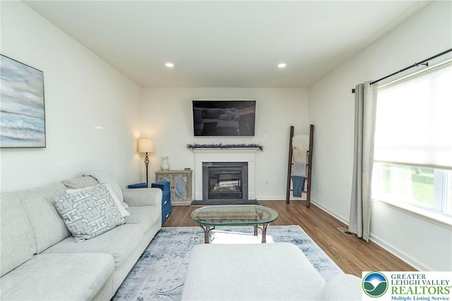 1404 Waverly Ave, Easton, PA 18040 - living area with wood finished floors, a glass covered fireplace, baseboards, and recessed lighting