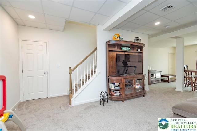 1404 Waverly Ave, Easton, PA 18040 - living room with carpet, a paneled ceiling, stairway, recessed lighting, and baseboards