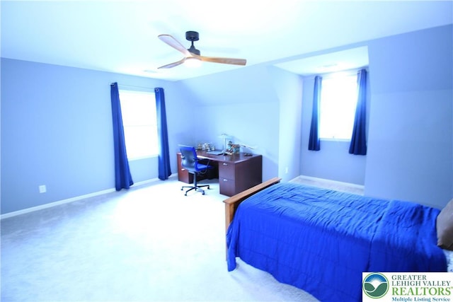 472 Bauer Rd, Moore Twp, PA 18014 - bedroom with lofted ceiling, baseboards, an office area, carpet, and a ceiling fan