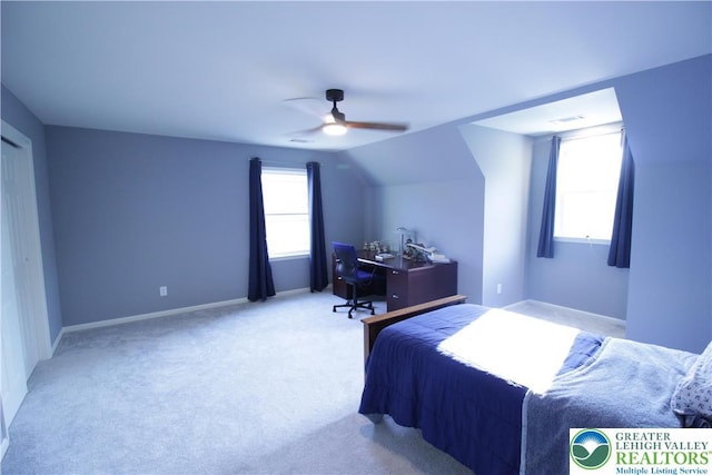 472 Bauer Rd, Moore Twp, PA 18014 - bedroom featuring carpet floors, baseboards, lofted ceiling, and ceiling fan